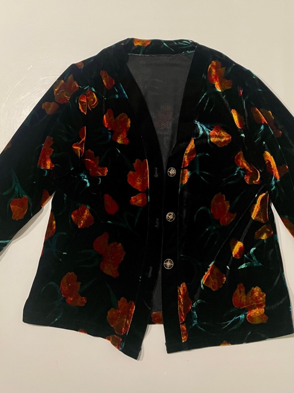 Black velvet cardigan with orange flower print
